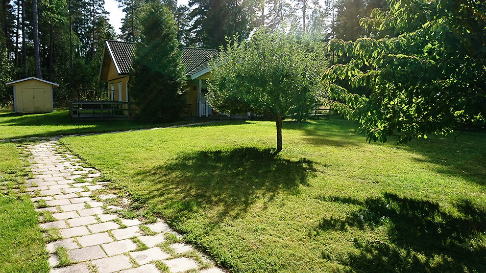 En gul träbyggnad. Trädgården ligger intill en skog.